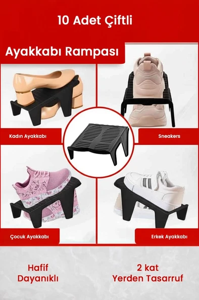 10 Adet Çiftli Ayakkabı Rampası, Dolap İçi Düzenleyici, Çift Başına 2 Kat Yer Tasarrufu