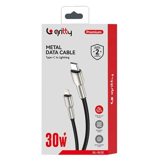 Gritty 30W Metal Uçlu Akım Korumalı Type-C to Lightning Örgülü Kablo 100cm Siyah (GL-SL02) - 2