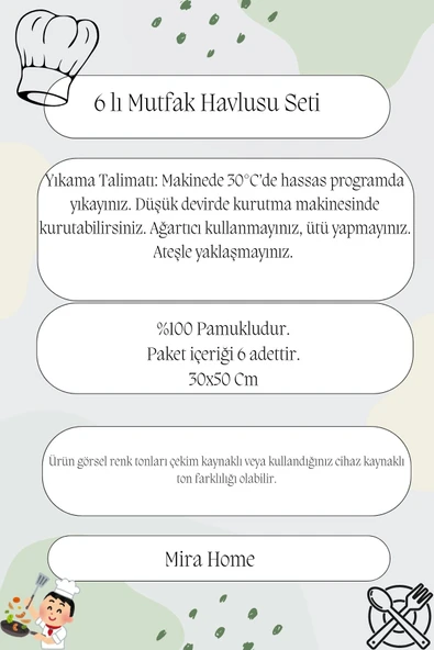 6'lı Mutfak Havlusu Seti 30x50 cm %100 Pamuklu Kare - 5