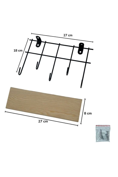Jusso Dekoratif Askı 5'li Askılık Organizer Anahtarlık Ahşap Raf Siyah - 4