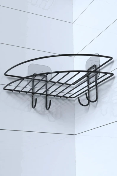 Jusso Yapışkanlı Banyo Köşeliği Kancalı Köşe Rafı Duş Şampuanlık Duvar Düzenleyici Organizer Raf - 3