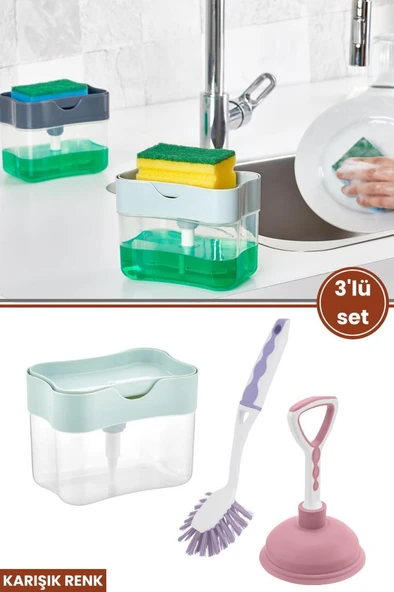 Flora 3’lü Bulaşık Temizlik Seti, Pompalı Hazneli Bulaşık Deterjanlığı + Bulaşık Fırçası + Lavabo Pompası ürün görseli 1