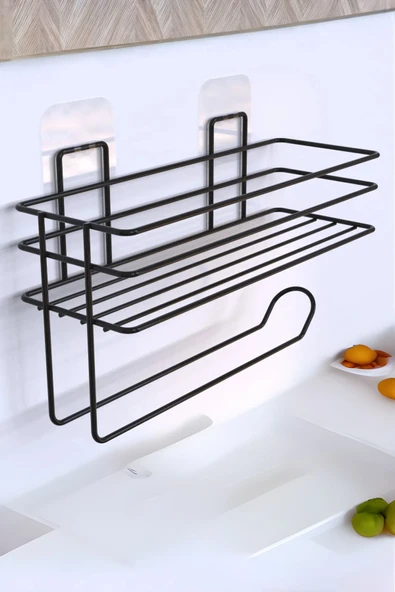 Jusso Yapışkanlı Raflı Kağıt Rulo Havluluk Peçetelik Havlu Kağıltlık Siyah Banyo Mutfak Düzenleyici Raf