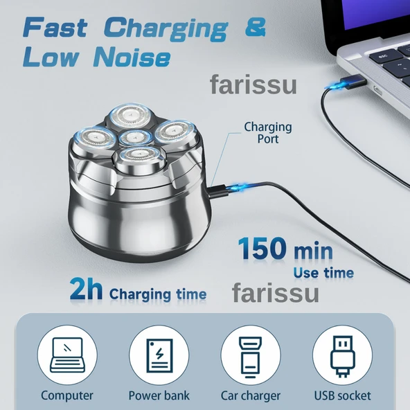 RQ518 Kel Kafa Tıraş Makinesi – Sakal ve Günlük Sinek Kaydı Tıraş, USB, Su Geçirmez - 6