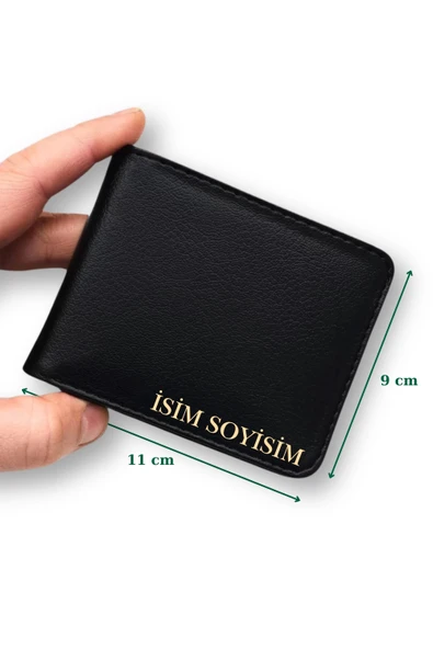 Kişiye Özel İsim Yazılı Siyah Vegan Deri Cüzdan – 8 Kartlık – Çift Para Gözlü – Çıtçıt Kapamalı – Unisex – Hediye Kutulu - 8