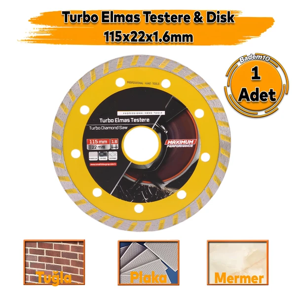 115x22x1.5 mm Turbo Elmas Seramik  İnşaat Mermer Porselen Fayans Granit Sulu Kuru Kesim Kesme Disk
