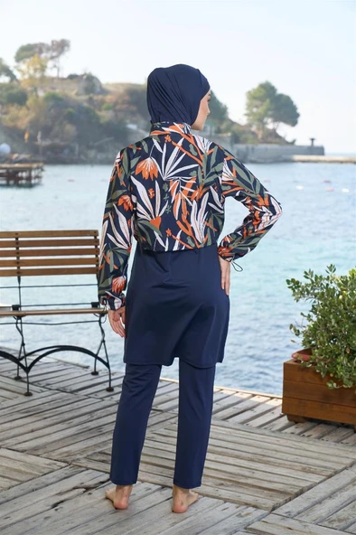 Estiva Dijital Baskı Croplu Dokuma Tam Kapalı Tesettür Mayo - 4