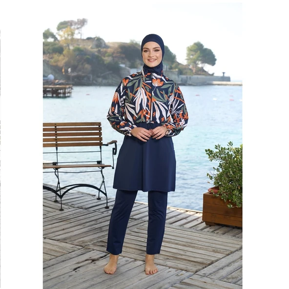 Estiva Dijital Baskı Croplu Dokuma Tam Kapalı Tesettür Mayo