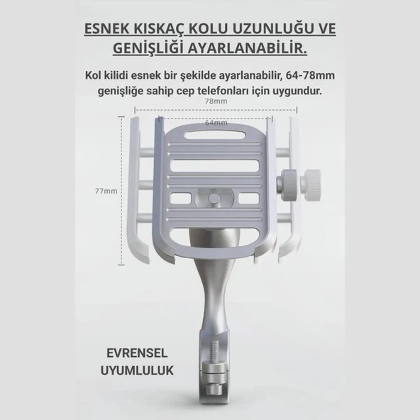 Polham Ful Metal Gidon Uyumlu 360 Derece Dönen Başlık Motorsiklet Telefon Tutucu, Bisiklet, Scooter Uyumlu Sıkıştırmalı Tutucu - 5