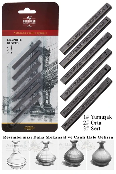 Sıkıştırılmış Kömür Füzen Seti 1 Paket Kohinoor Yumuşak Orta Sert Siyah Kare Press Kömür Füzen Yassı Çizim Gölgelendirme