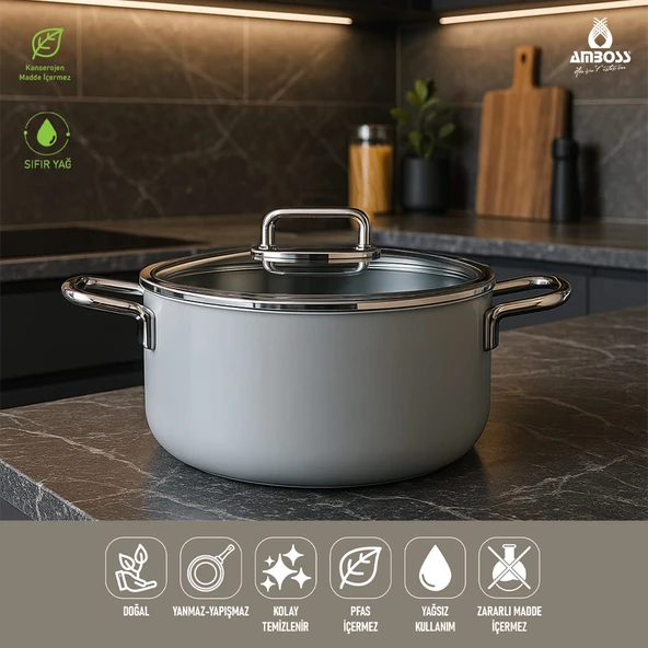 Sera Nova Seramik Yanmaz Yapışmaz Derin Tencere 20 cm Gri