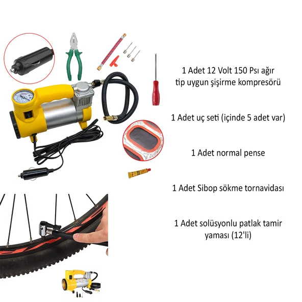 Metal Hava Kompresörü 150 Psı 12V Araç Tipi Çakmaklık Sibop Sökme Lastik Yapıştırma Solüsyon 5 Set - 2
