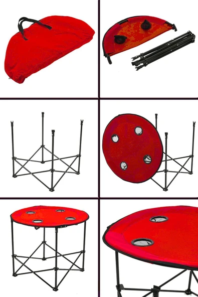 Exent 70 X 60 Cm Yuvarlak Katlanır Taşıma Çantalı Kamp Masası Piknik Masası-kırmızı - 3