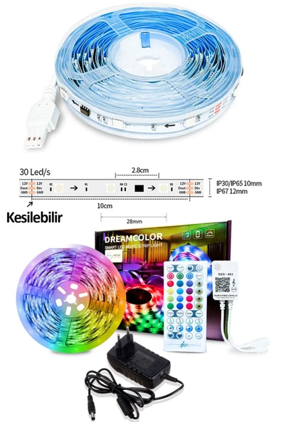 Mega Oto Market Bluetoothlu 3 Çipli RGB Şerit LED - 10 Metre Kumandalı TV Arkası Dekoratif Işık - 3