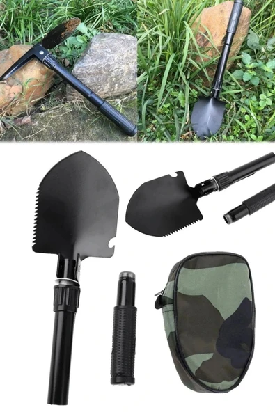 Çok Fonksiyonlu Portatif Katlanır Cepte Taşıma Çantalı Pusulalı Askeri Kamp Deprem Kazma Kürek Seti - 2