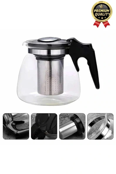 Özel Üretim Isıya Dayanıklı Bitki Çayı Şeffaf Büyük Çelik Süzgeçli Cam Çaydanlık Demlik 1.1 Litre - 4