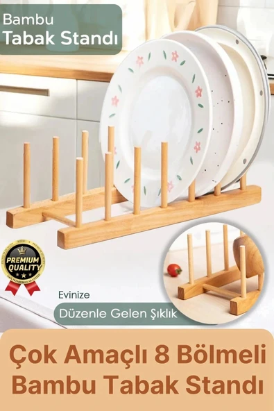 Çok Amaçlı Düzenleyici Bulaşıklık Plak Tabak Kitap Mutfak Organizer 8 Bölmeli Bambu Tabak Standı