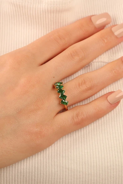 Yeşil Renkli Beştaş Altın Yüzük by002 - 2