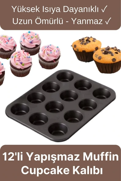 Çok Amaçlı Mutfak Yüksek Isıya Dayanıklı Yıkanabilir Yanmaz Yapışmaz 12'li Kek Muffin Cupcake Kalıbı
