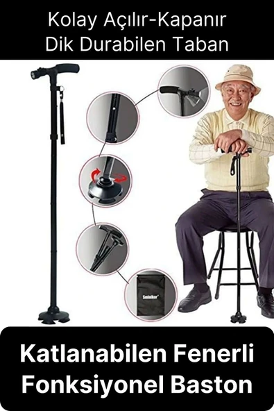 Premium Kalite Katlanabilir Led Işıklı Baston Yürüyüş Fenerli Ayaklı Kolay Açılıp Kapanan Kaymaz