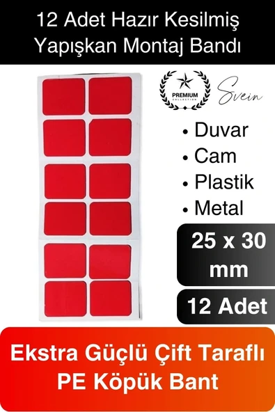 12'li Ekstra Güçlü Dayanıklı Çift Taraflı Hazır Kesilmiş Köpük Montaj Bandı Yapıştırma Ev Ofis