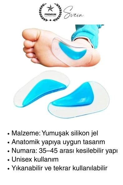 1 Çift Uzun Süreli Kullanım Ark Takviye Düz Taban İçin Boşluk İçe Basma Destekli Anatomik Silikon - 6