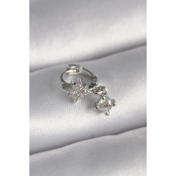 316L Çelik Gümüş Renk Zirkon Taşlı Çiçek Model Sallantı Detay Tragus Piercing - TJ-PR1315