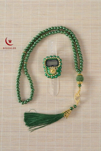 Mevlitlik Hediyelik Külah Kutuda İnci Tesbih ve Zikirmatik Seti Yeşil - Resim 4