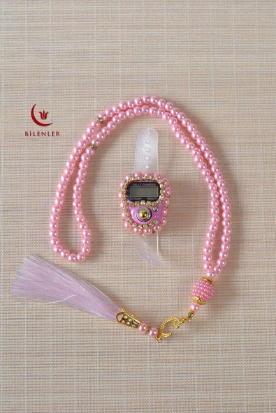 Mevlitlik Hediyelik Külah Kutuda İnci Tesbih ve Zikirmatik Seti Pembe - Resim 3