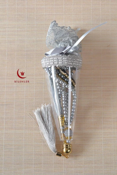 Mevlitlik Hediyelik Külah Kutuda İnci Tesbih ve Zikirmatik Seti Gri ürün görseli