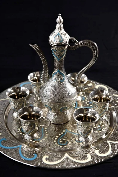 Hediyelik Sunumluk Osmanlı Motifli Nakışlı Gümüş Zemzem Takımı – 8 Parça - Resim 2