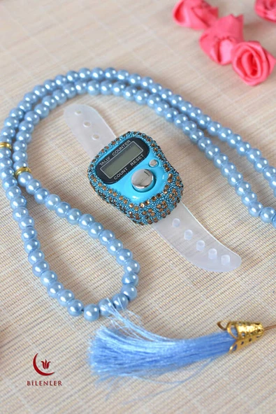 Kişiye Özel İnci Tesbih ve Taşlı Zikirmatik Seti Mavi– Gold İşlemeli Pleksi İsimlikli Lüks Kutulu - Resim 2