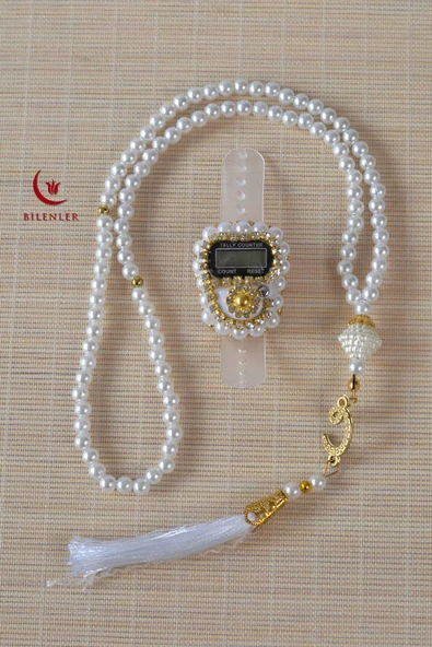 Mevlitlik Hediyelik Külah Kutuda İnci Tesbih ve Zikirmatik Seti Beyaz - Resim 3