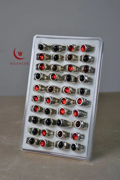 Erkek Motifli Taşlı Metal Yüzük Uzun Ömürlü, Şık Tasarım KahveSiyahKırmızı (40lı kutu) - Resim 4