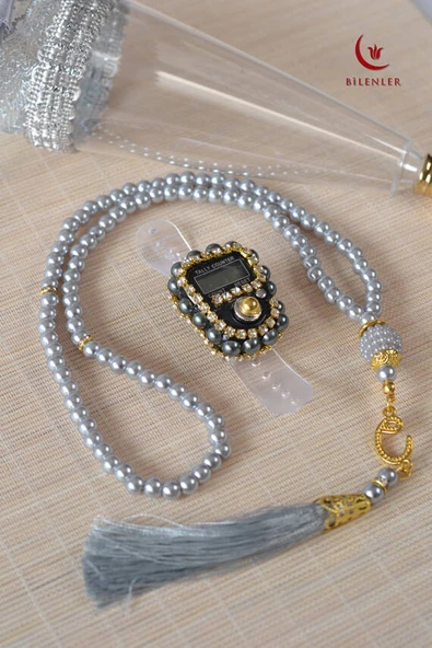 Mevlitlik Hediyelik Külah Kutuda İnci Tesbih ve Zikirmatik Seti Gri - Resim 2