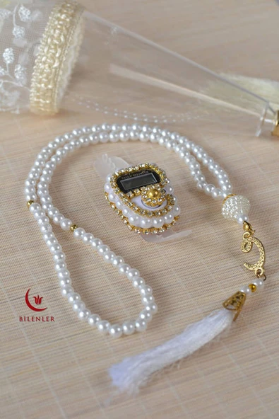 Mevlitlik Hediyelik Külah Kutuda İnci Tesbih ve Zikirmatik Seti Beyaz - Resim 2