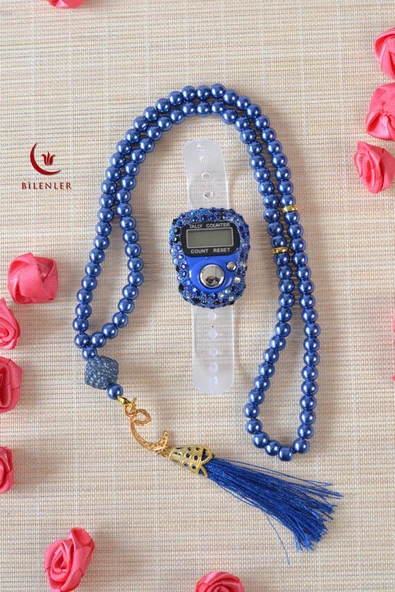 Kişiye Özel İnci Tesbih ve Taşlı Zikirmatik Seti Lacivert– Gold İşlemeli Pleksi İsimlikli Lüks Kutulu - Resim 4