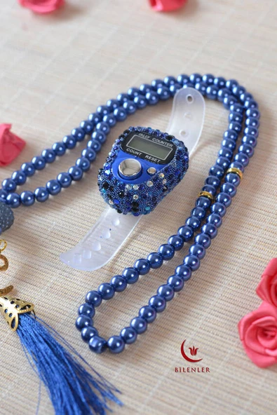 Kişiye Özel İnci Tesbih ve Taşlı Zikirmatik Seti Lacivert– Gold İşlemeli Pleksi İsimlikli Lüks Kutulu - Resim 3