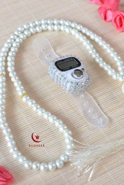 Kişiye Özel İnci Tesbih ve Taşlı Zikirmatik Seti Beyaz– Gold İşlemeli Pleksi İsimlikli Lüks Kutulu - Resim 3