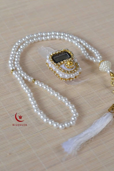 Mevlitlik Hediyelik Külah Kutuda İnci Tesbih ve Zikirmatik Seti Beyaz - Resim 4