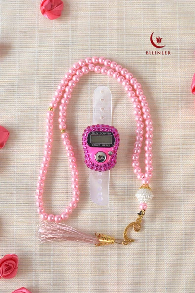 Kişiye Özel İnci Tesbih ve Taşlı Zikirmatik Seti Pembe– Gold İşlemeli Pleksi İsimlikli Lüks Kutulu - Resim 4