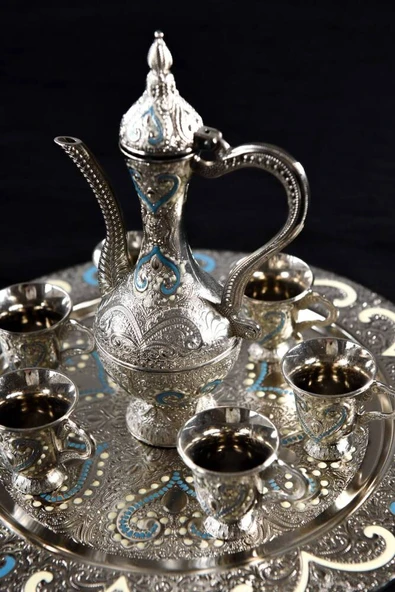Hediyelik Sunumluk Osmanlı Motifli Nakışlı Gümüş Zemzem Takımı – 8 Parça - Resim 3