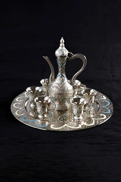 Hediyelik Sunumluk Osmanlı Motifli Nakışlı Gümüş Zemzem Takımı – 8 Parça ürün görseli