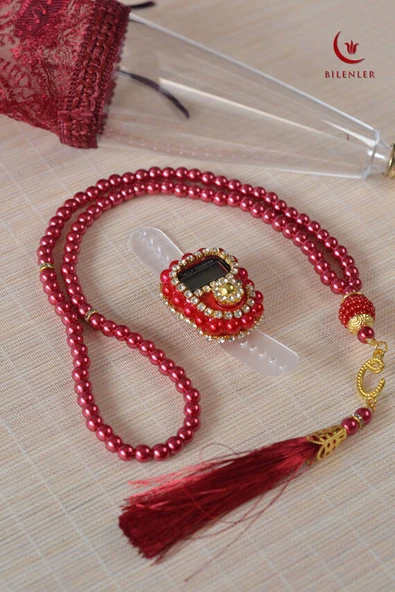 Mevlitlik Hediyelik Külah Kutuda İnci Tesbih ve Zikirmatik Seti Kırmızı - Resim 2