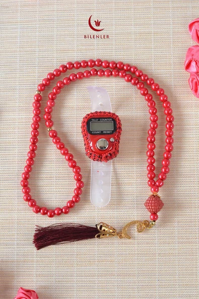 Kişiye Özel İnci Tesbih ve Taşlı Zikirmatik Seti Kırmızı– Gold İşlemeli Pleksi İsimlikli Lüks Kutulu - Resim 3