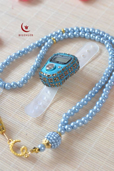 Kişiye Özel İnci Tesbih ve Taşlı Zikirmatik Seti Mavi– Gold İşlemeli Pleksi İsimlikli Lüks Kutulu - Resim 4