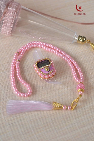 Mevlitlik Hediyelik Külah Kutuda İnci Tesbih ve Zikirmatik Seti Pembe - Resim 2