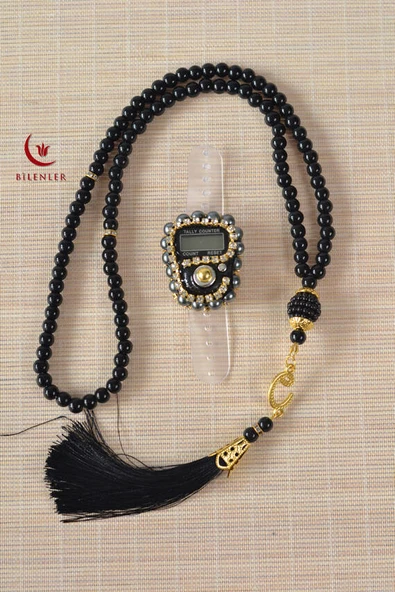 Mevlitlik Hediyelik Külah Kutuda İnci Tesbih ve Zikirmatik Seti Siyah - Resim 3