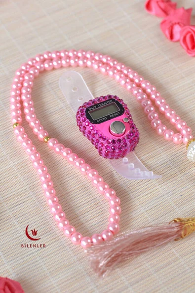 Kişiye Özel İnci Tesbih ve Taşlı Zikirmatik Seti Pembe– Gold İşlemeli Pleksi İsimlikli Lüks Kutulu - Resim 2