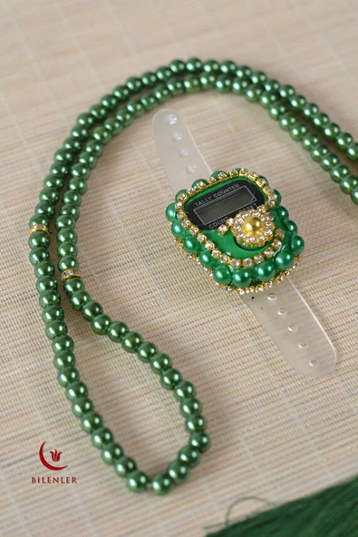 Mevlitlik Hediyelik Külah Kutuda İnci Tesbih ve Zikirmatik Seti Yeşil - Resim 3